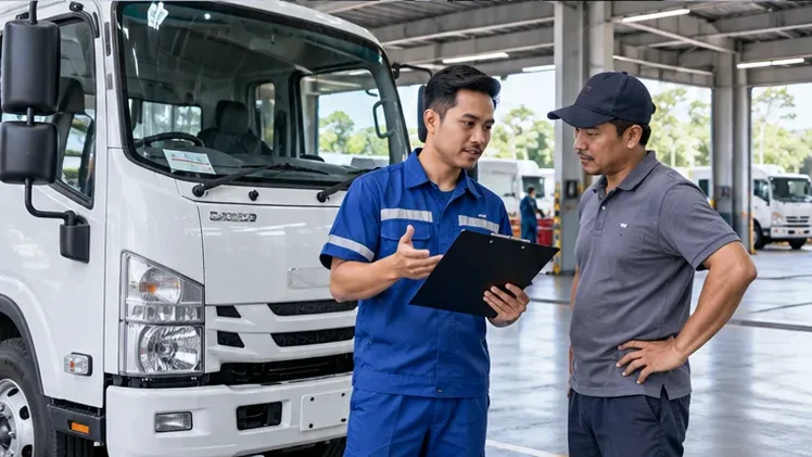 Workshop adviser discussing a commercial vehicle with its owner