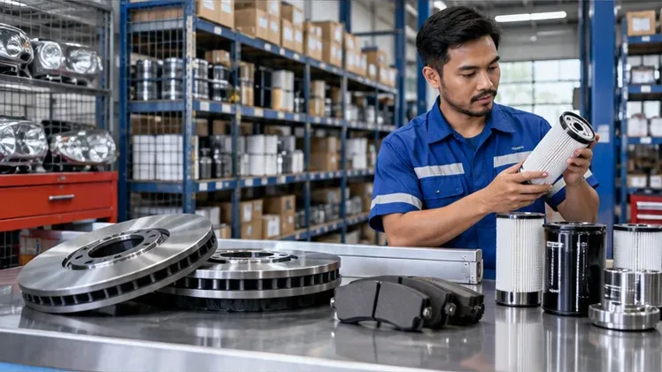 Technician checking a filter among commercial vehicle spare parts