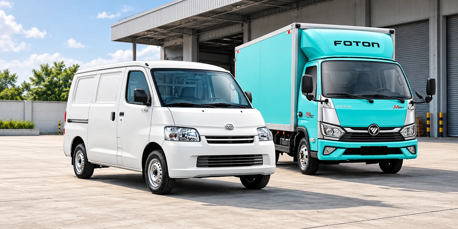Foton Miler truck and Daihatsu Gran Max van in an industrial forecourt