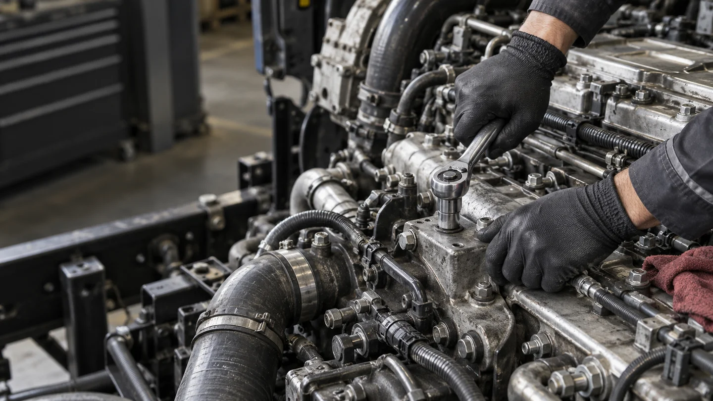 Hands and tools at work on a commercial vehicle engine