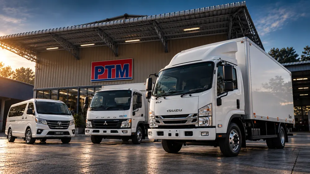 Isuzu and Fuso trucks with a Foton van outside a PTM-branded dealership